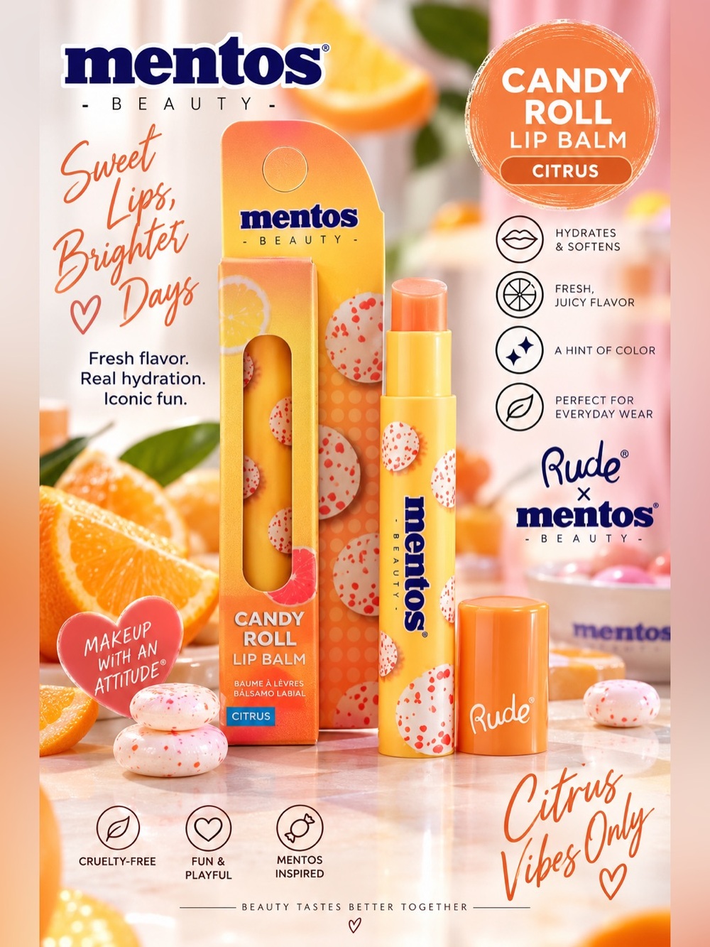 Rude Cosmetics x Mentos Candy Roll Lip Balm Citrus Beauty Collab 1.8g